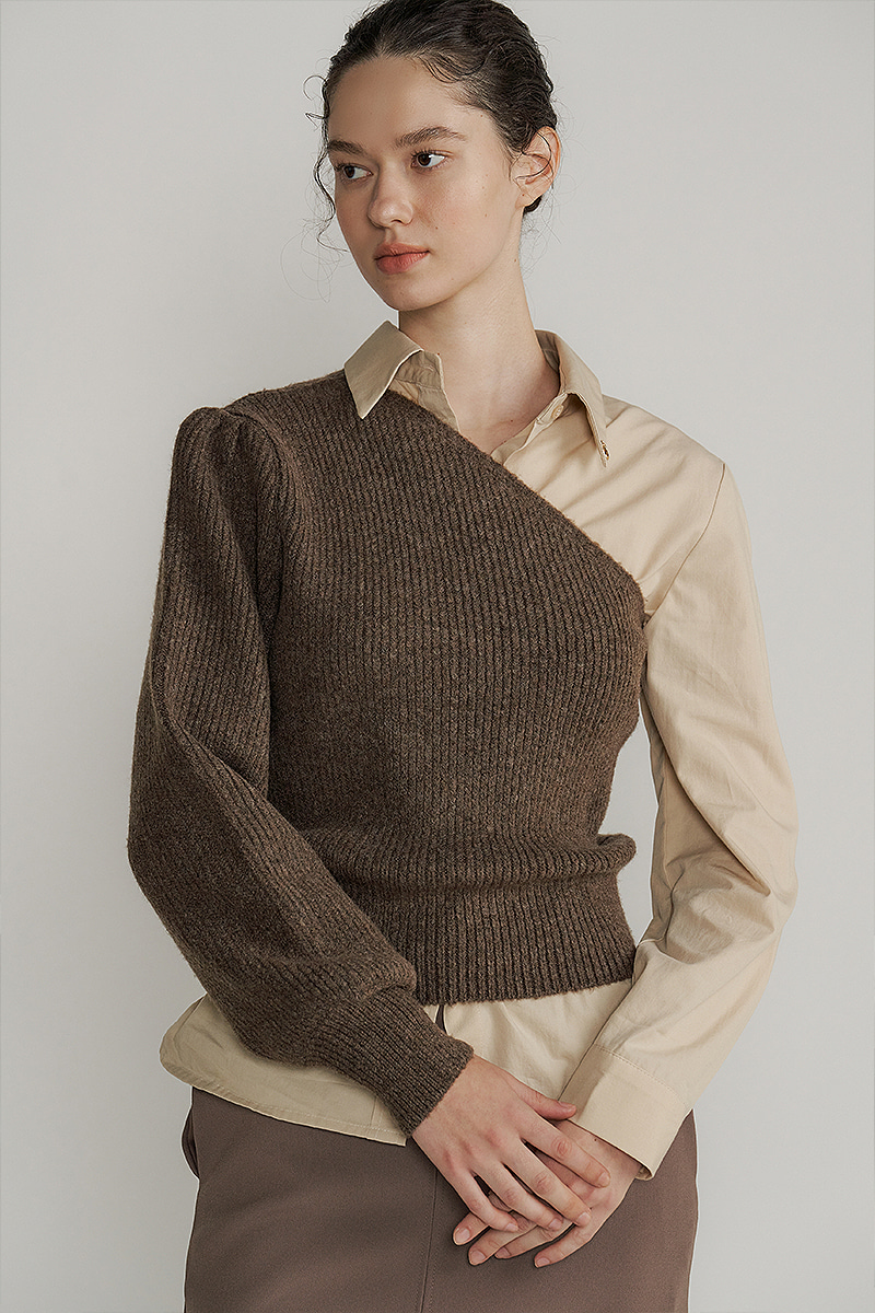 One off shoulder knit SET (Brown)